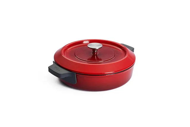 woll-iron-gusstopf-28-cm-rot-emailliertes-gusseisen-mit-deckel-und-silikongriffe image 1